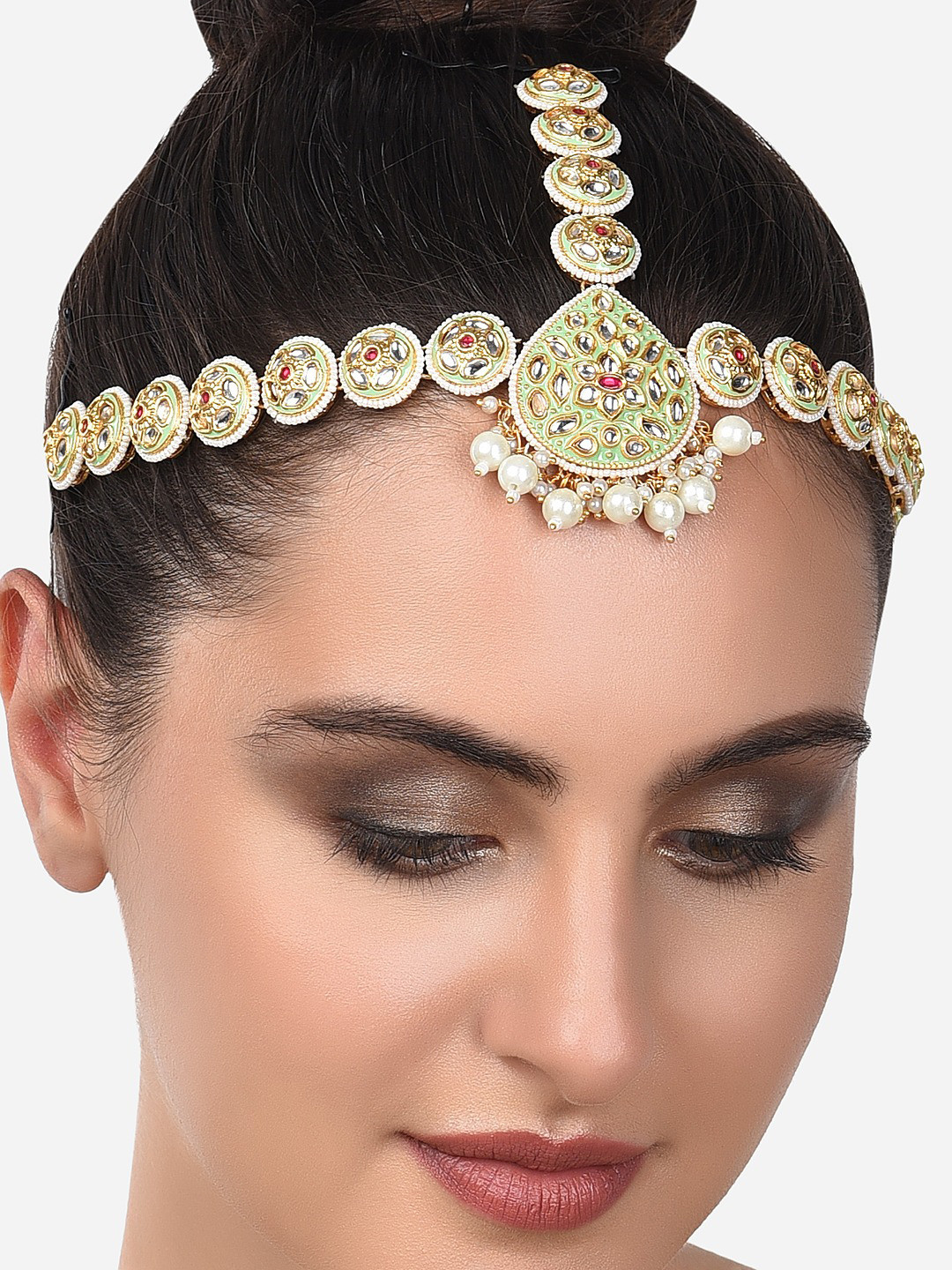 Zaveri Women Gold-Plated Green & Pink Kundan Studded Floral  Minakari Designed Mathapatti