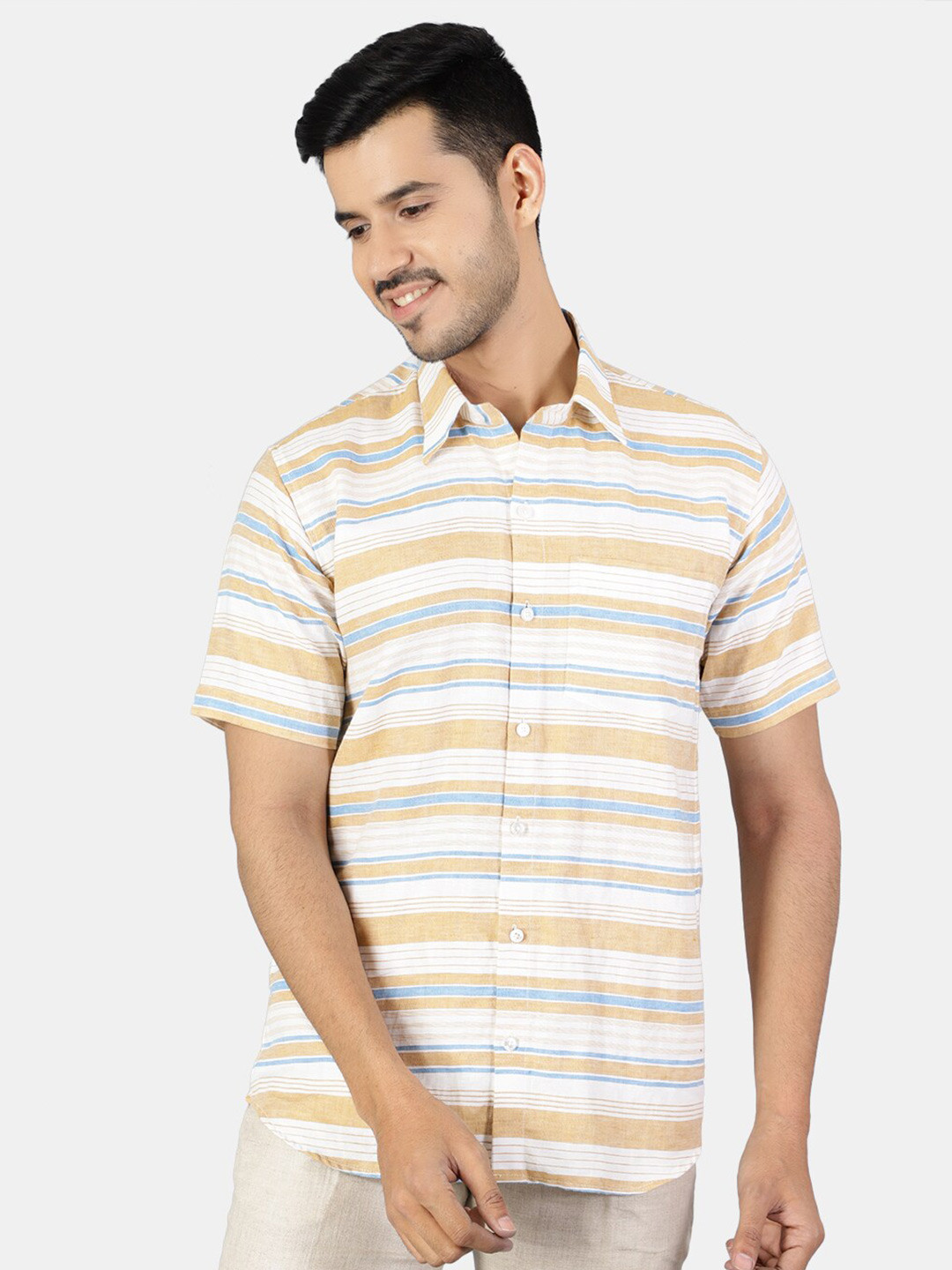 Wintage Men Cream-Coloured Classic Horizontal Stripes Striped Casual Shirt