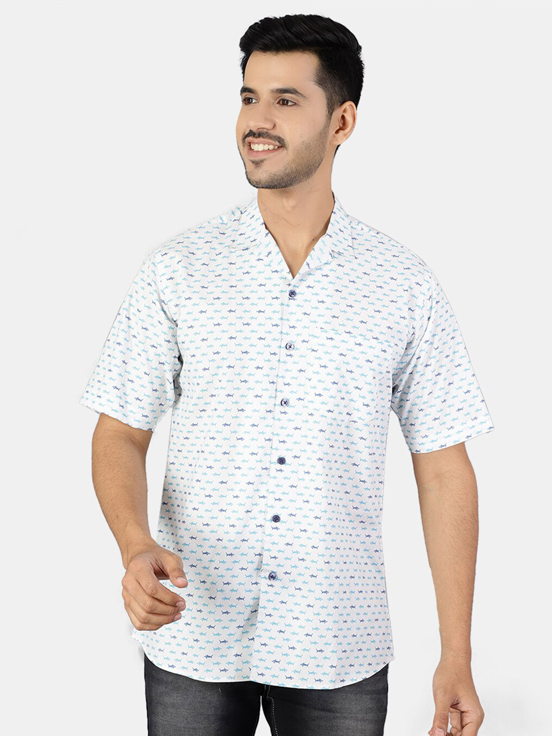 Wintage Men White Classic Printed Casual Shirt