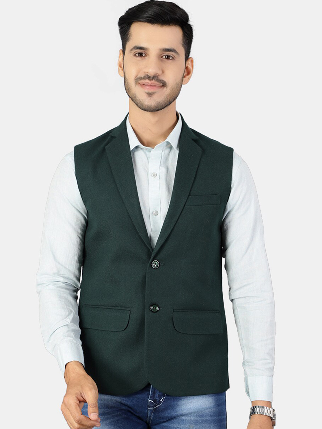 Wintage Men Green Tweed Wool Nehru Jacket