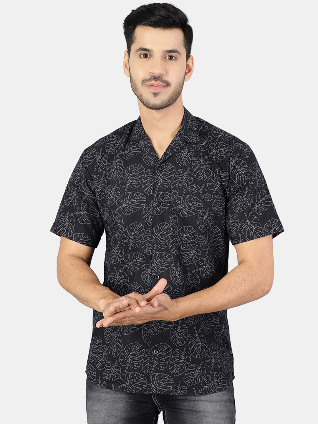 Wintage Men Black Classic Printed Regular Fit Cotton Casual Shirt