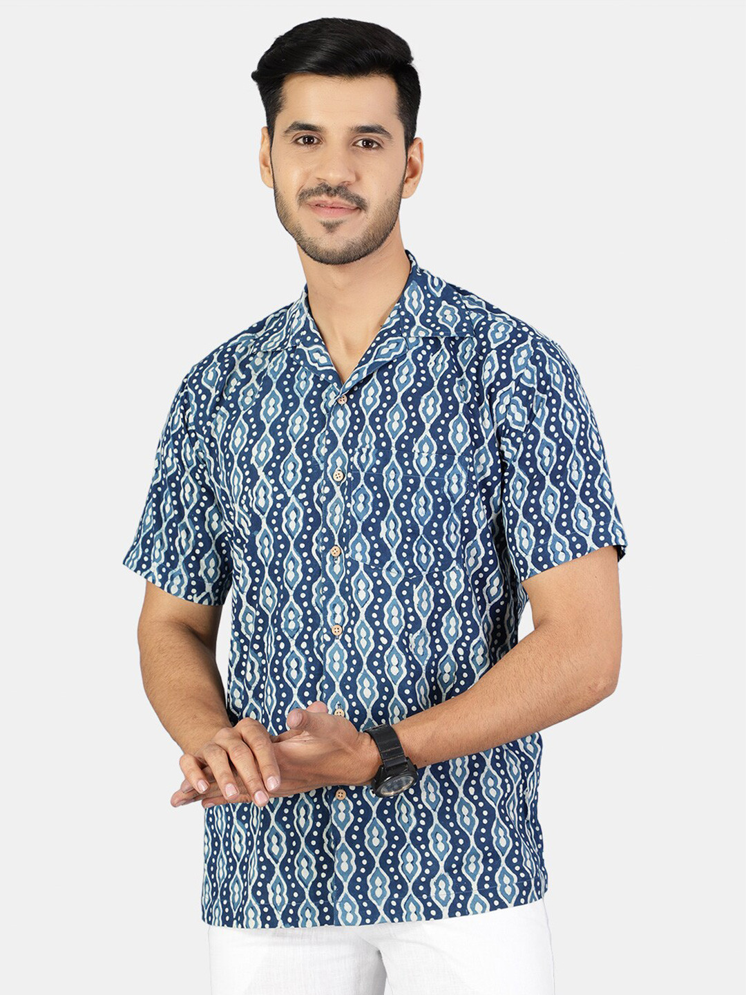 Wintage Men Blue Classic Printed Pure Cotton Indigo Shirt
