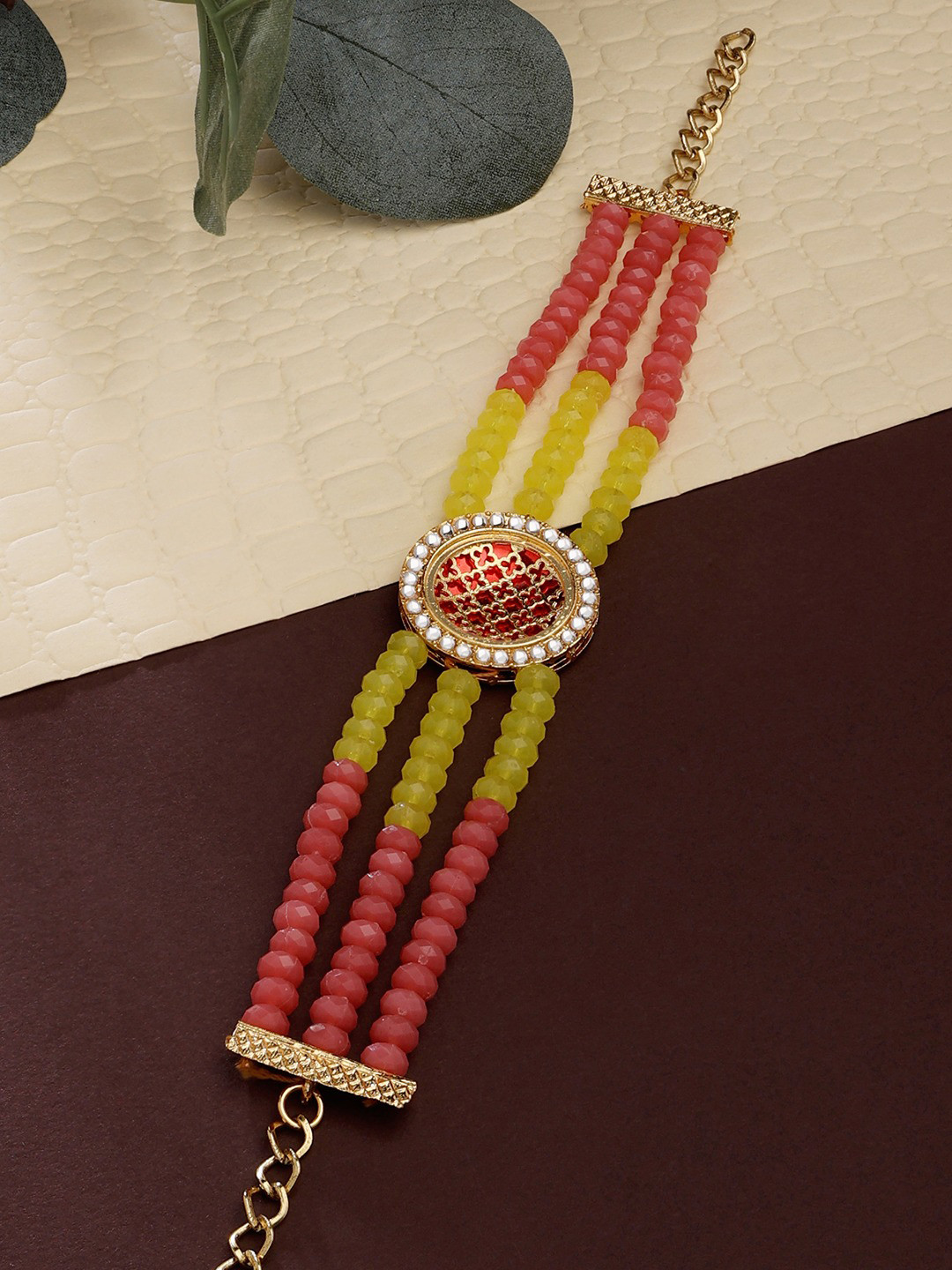 Zaveri Pearls Women Red & Yellow Beaded Multi strand Ethnic Bracelet