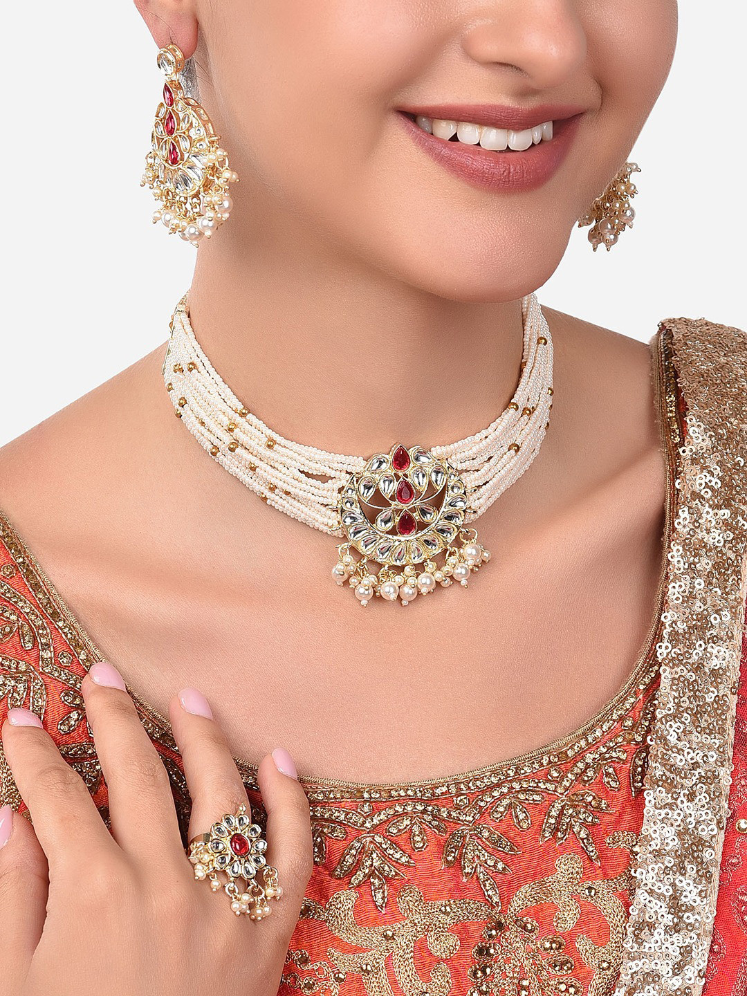 Zaveri Pearls Women Gold-Plated Pink & White Kundan Multistrand Pearl Beaded Jewelry Set