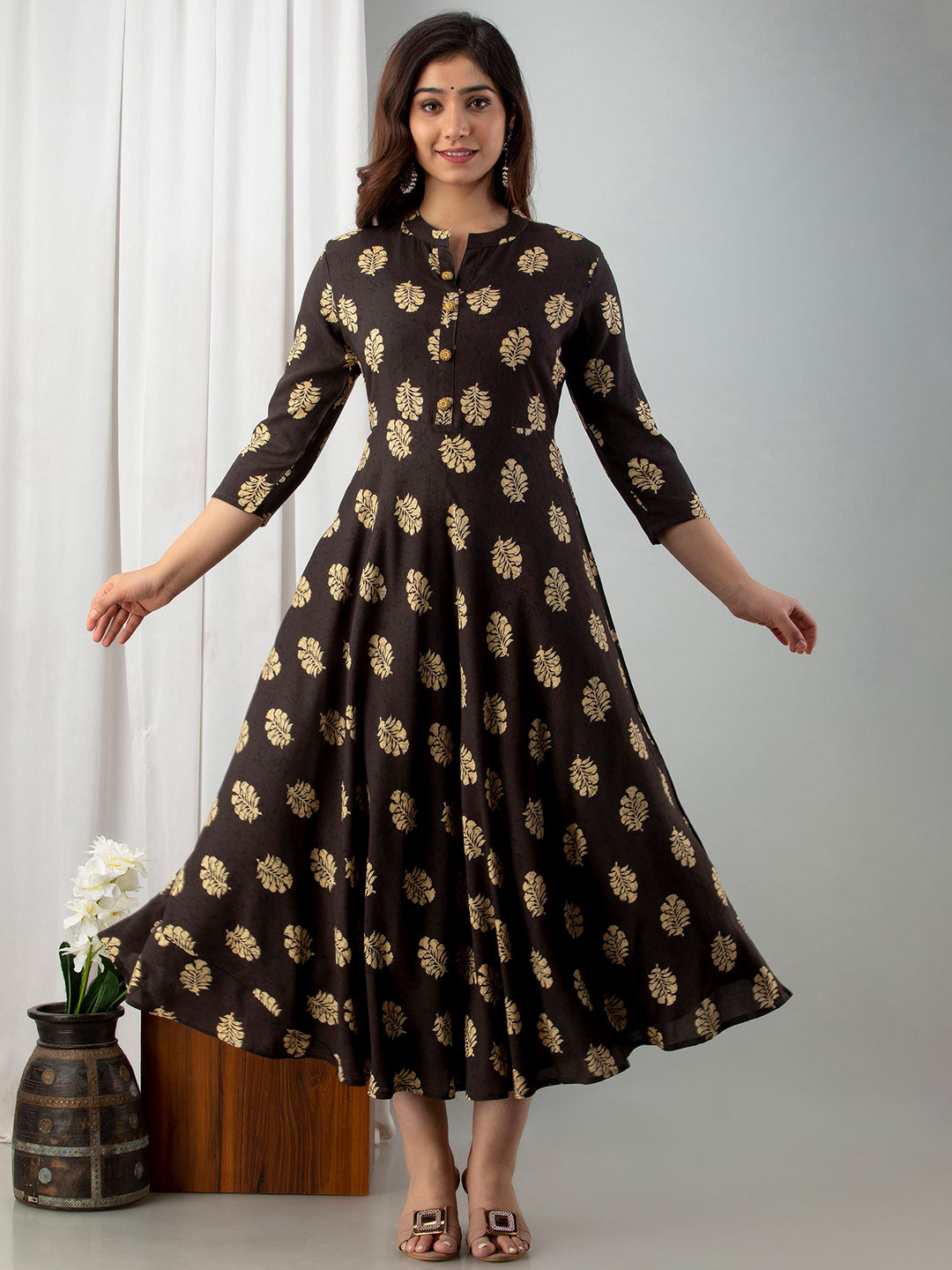 NAYRAH Women Brown Floral Printed Ethnic Dress