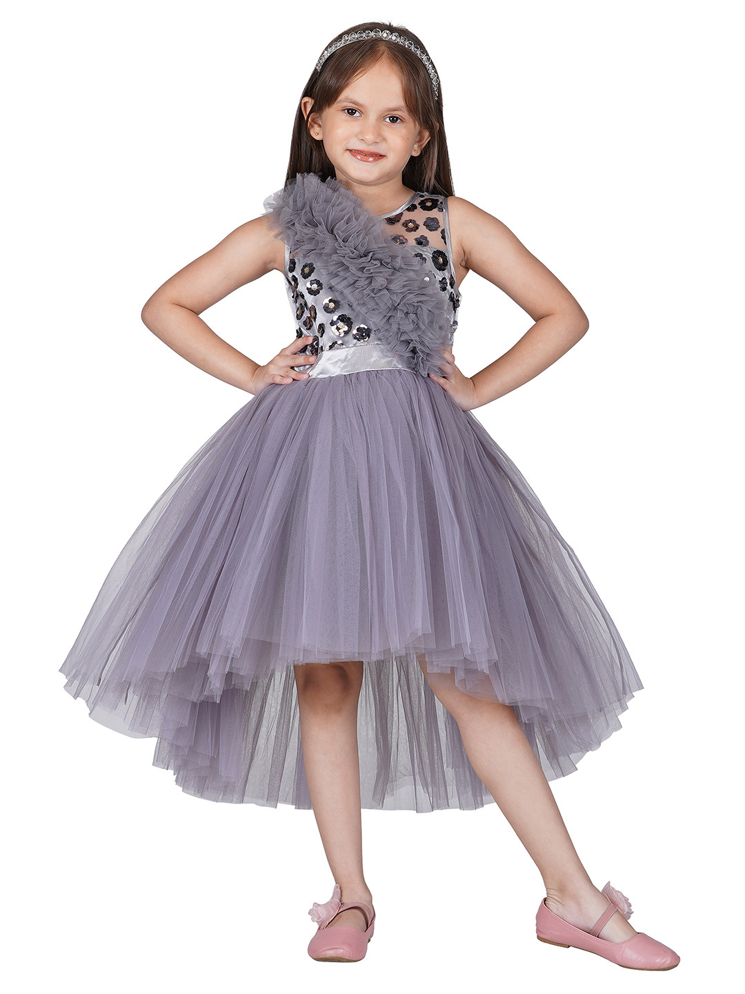 Toy Balloon kids Grey Layered Net Maxi Dress