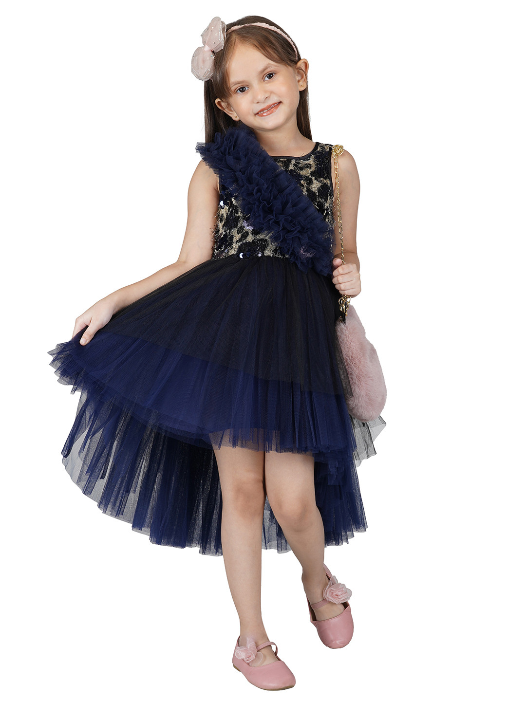 Toy Balloon kids Navy Blue & Gold-Toned Embellished Layered Net Dress