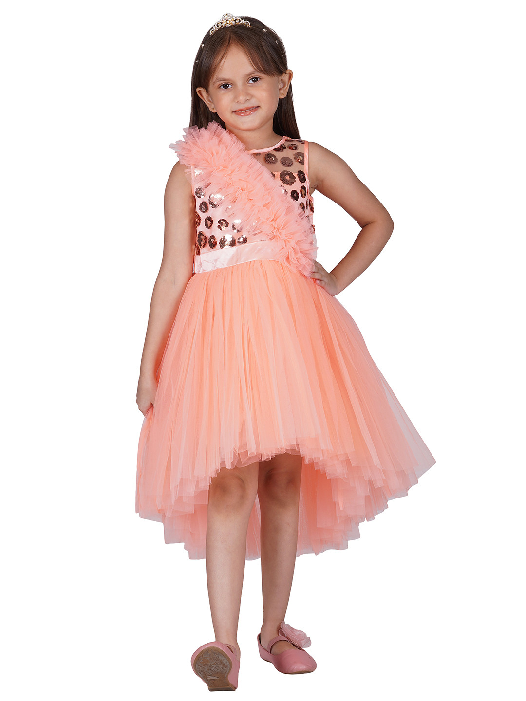 Toy Balloon kids Peach-Coloured Embellished Layered Net Maxi Dress