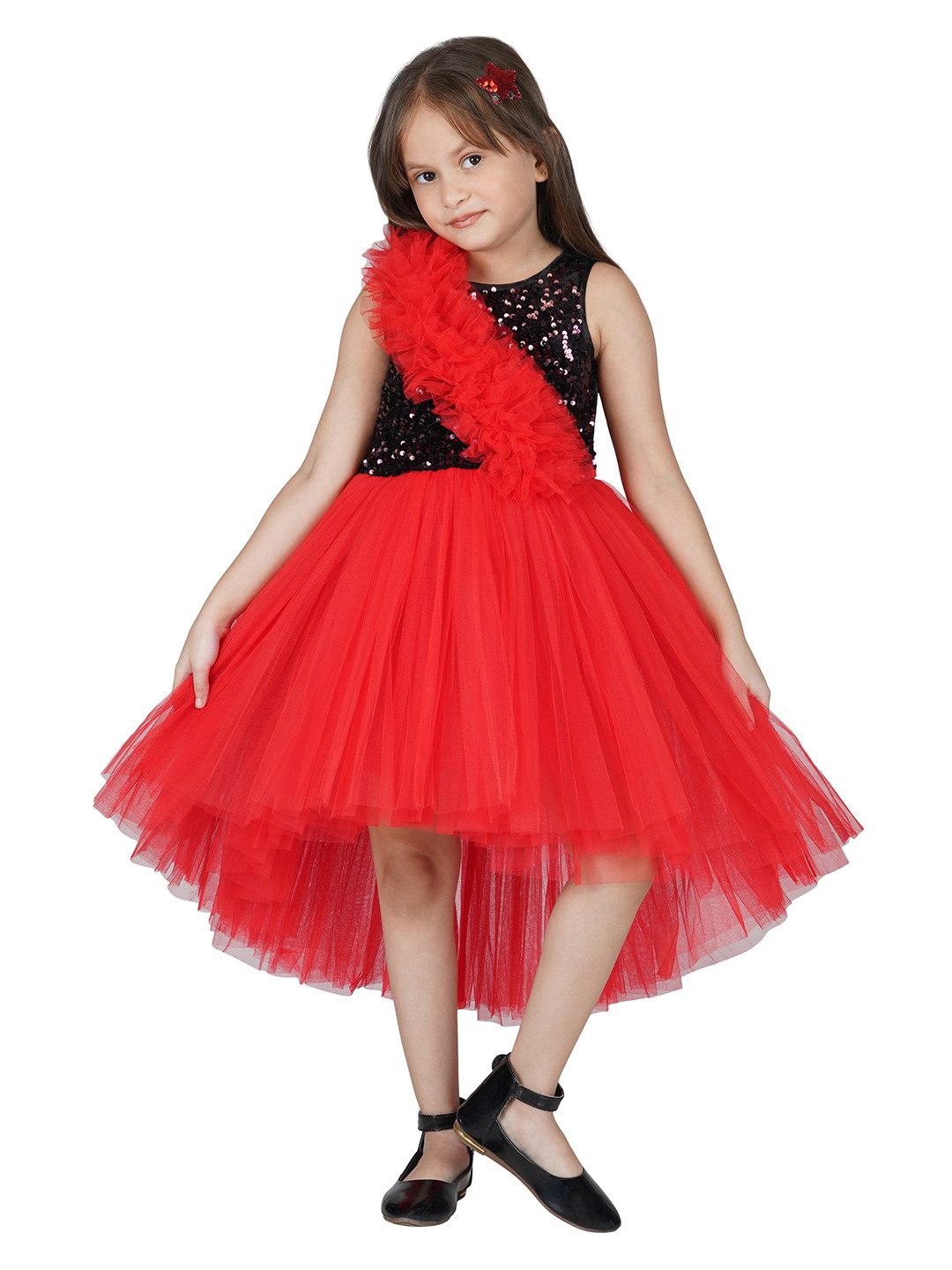 Toy Balloon kids Red Layered Net Embellished Maxi Dress