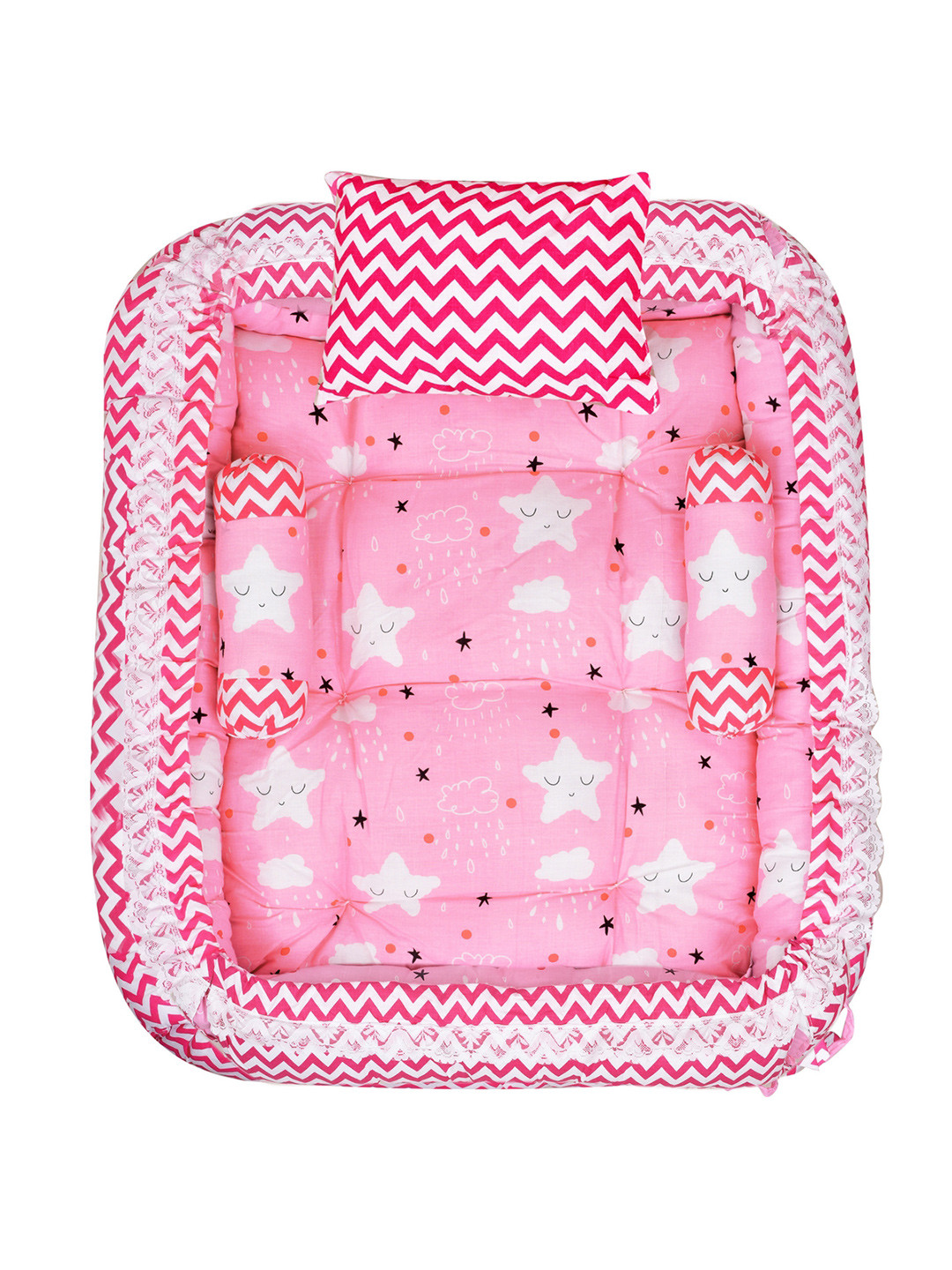 LOREM Kids Pink & White Printed Cotton Square Bed & 3 Pillow Sets