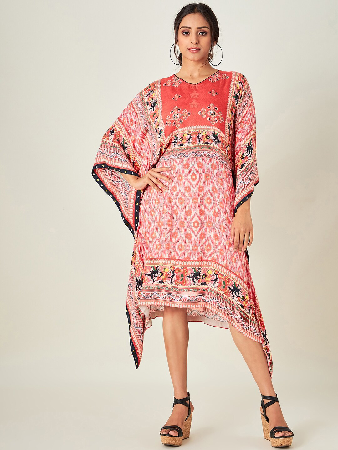 The Kaftan Company Women Red & White Ikat Printed Kaftan Cover-Up Dress