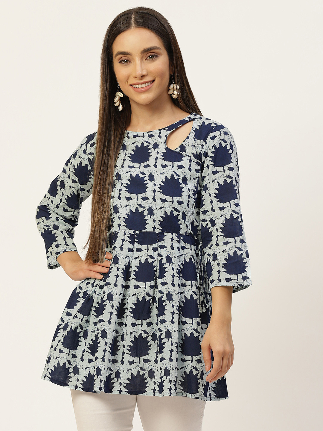 FERANOID Navy Blue Floral Print Cinched Waist Cotton Longline Top