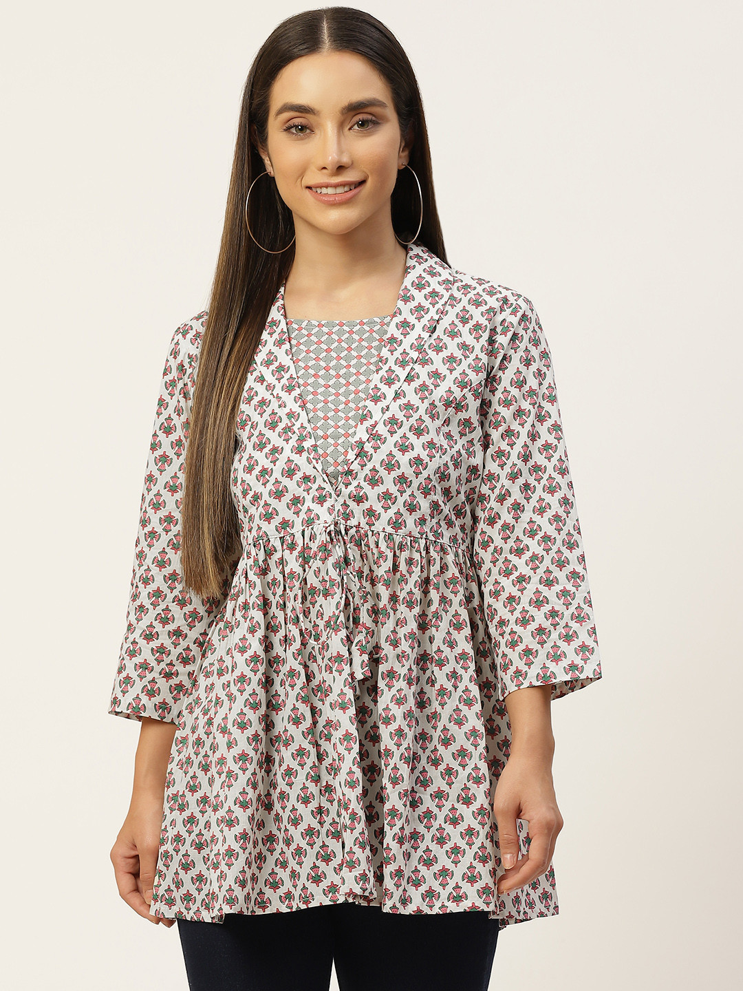 FERANOID White & Pink Print Cinched Waist Cotton Longline Top