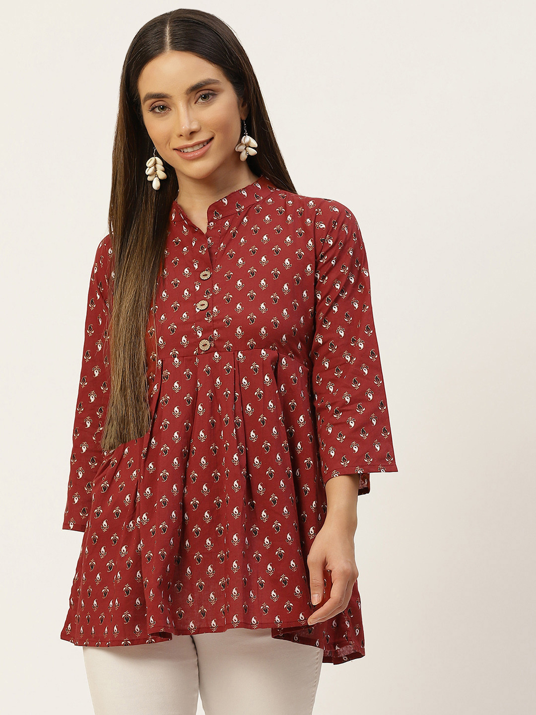 FERANOID Red & Gold-Toned Print Mandarin Collar Cinched Waist Cotton Longline Top