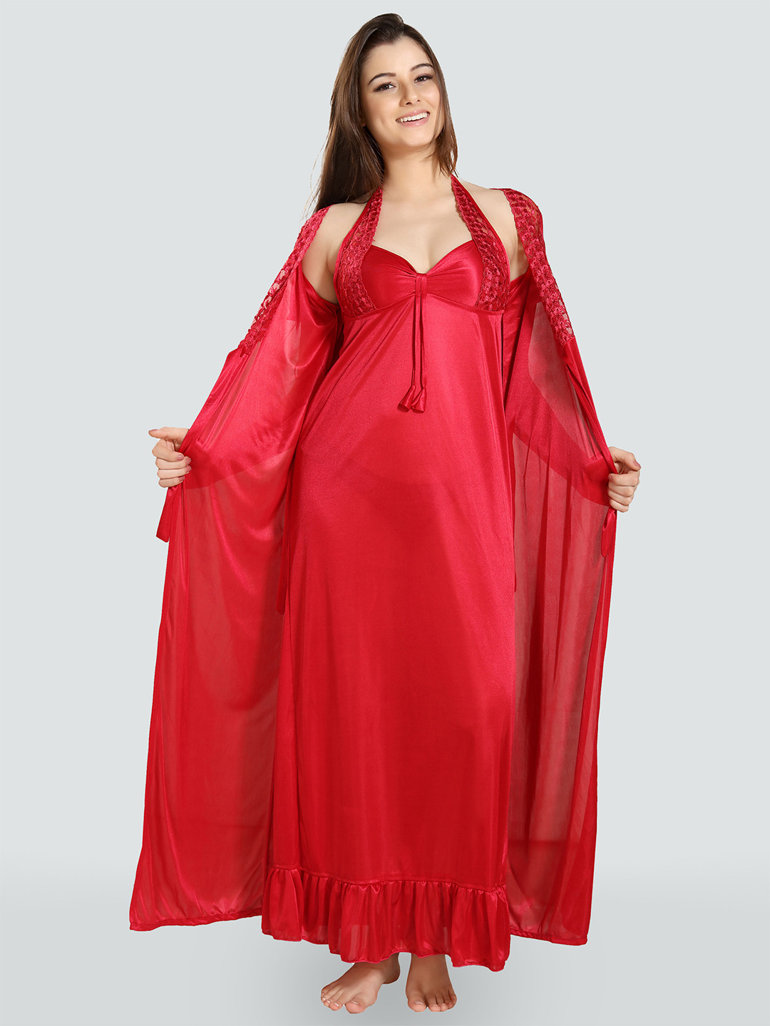 Romaisa Women Red Maxi Nightdress