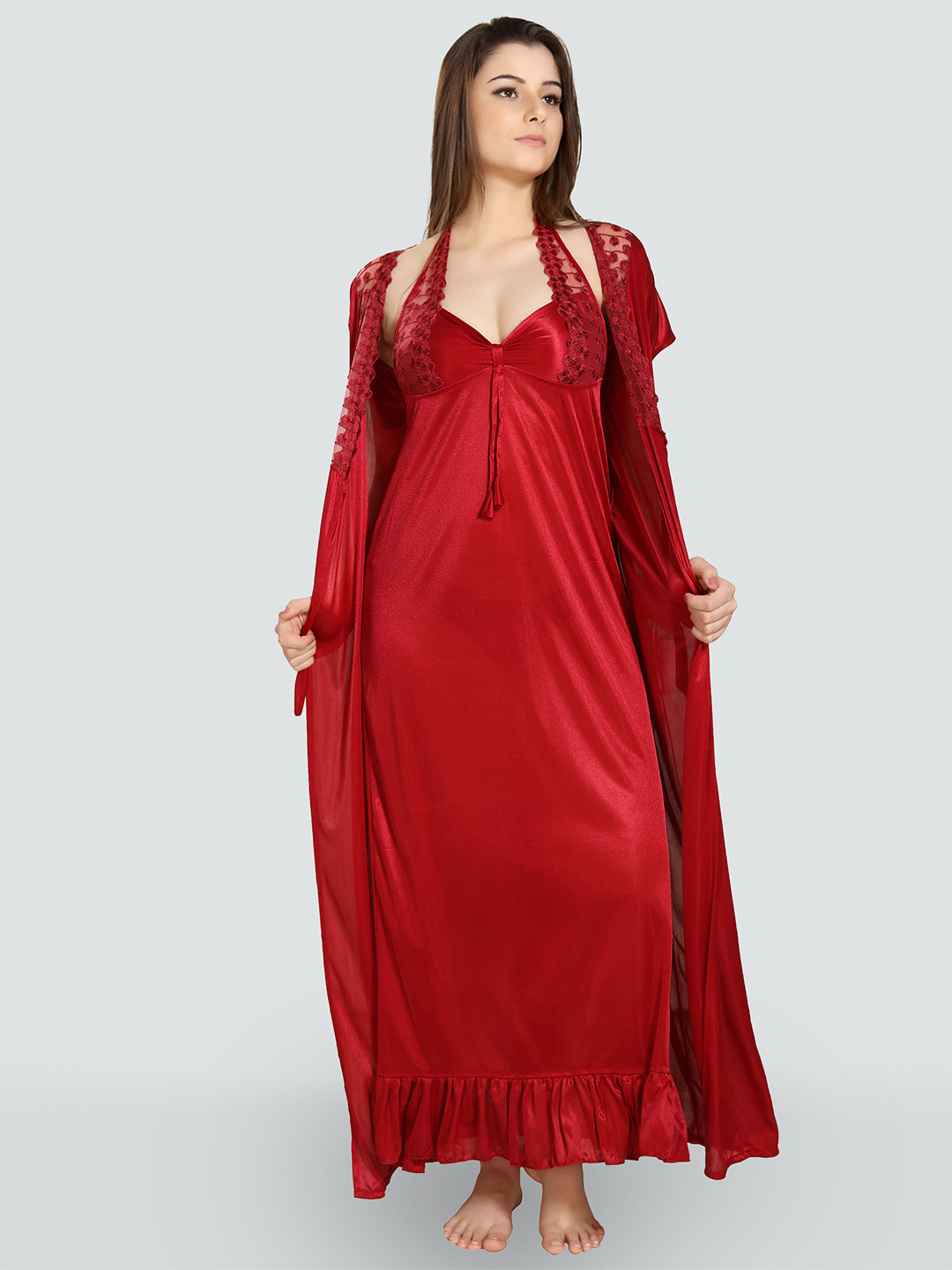 Romaisa Maroon Satin Solid Nighty with Robe