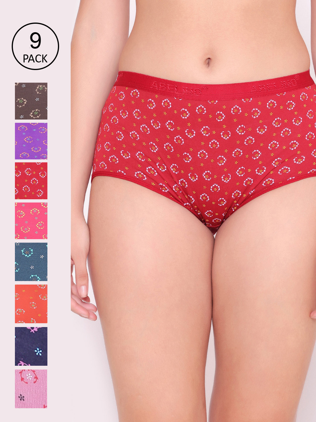 ABELINO Women Pack of 9 Floral Printed Pure Cotton High-Rise Briefs