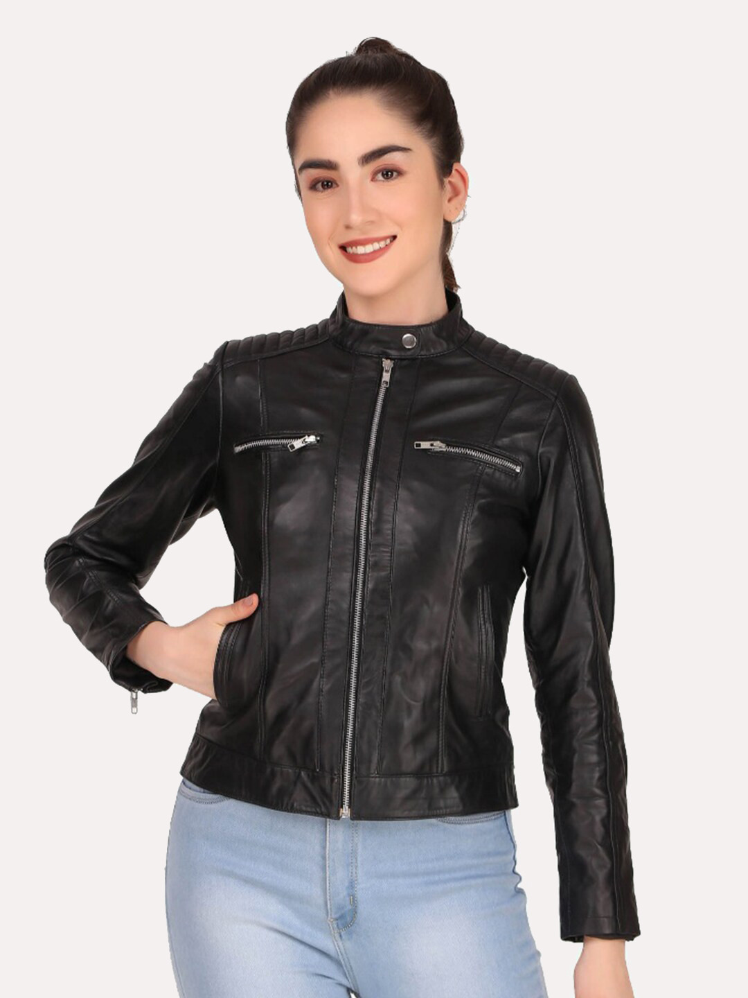 Leather Retail Women Black Leather Crop Outdoor Biker Jacket
