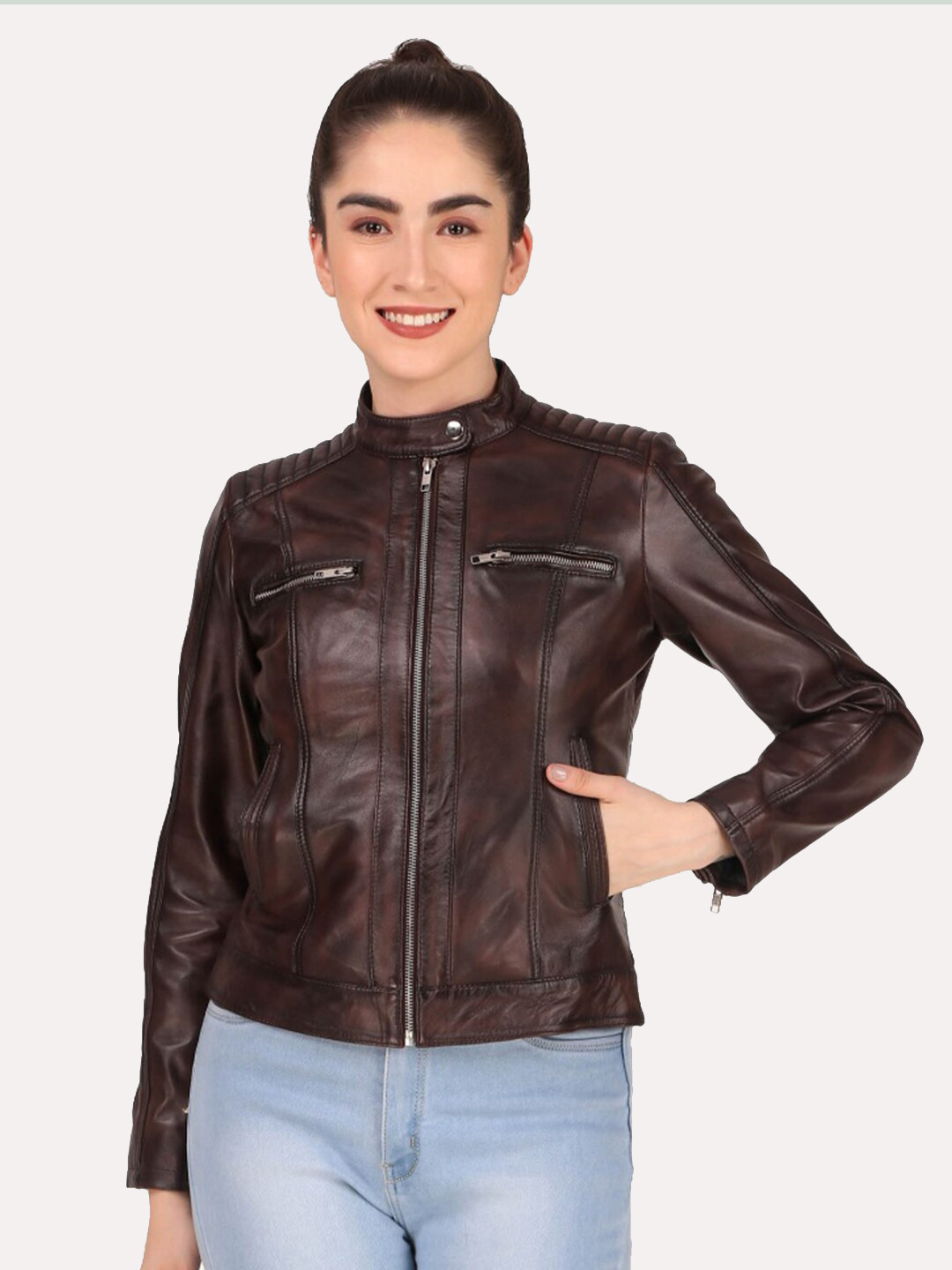 Leather Retail Women Coffee Brown Biker Leather Jacket