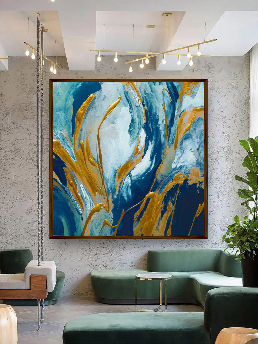 The Art House Blue & Golden Abstract Painting Wall Art