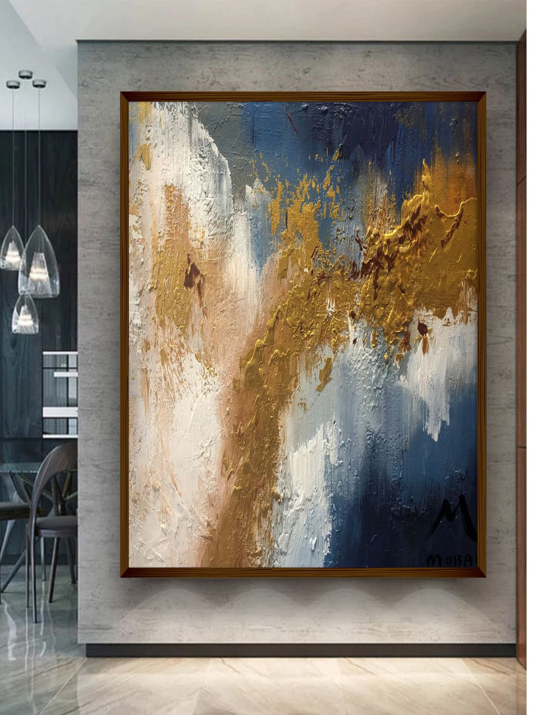 The Art House Blue & Golden Abstract Painting Wall Art