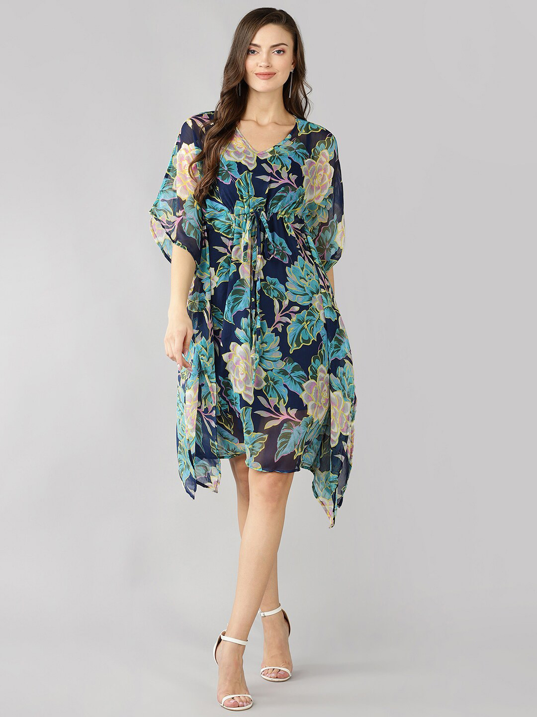 Fashfun Navy Blue & Teal Floral Chiffon Kaftan Dress