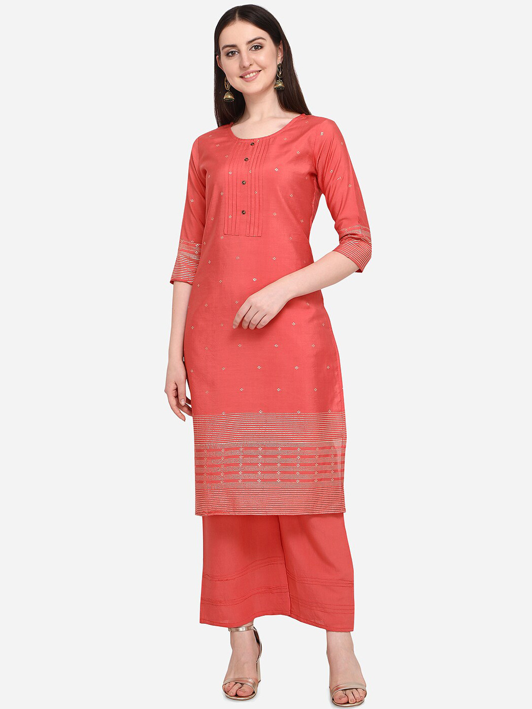 Prettify Women Red Printed Embellished  Kurti with Palazzos
