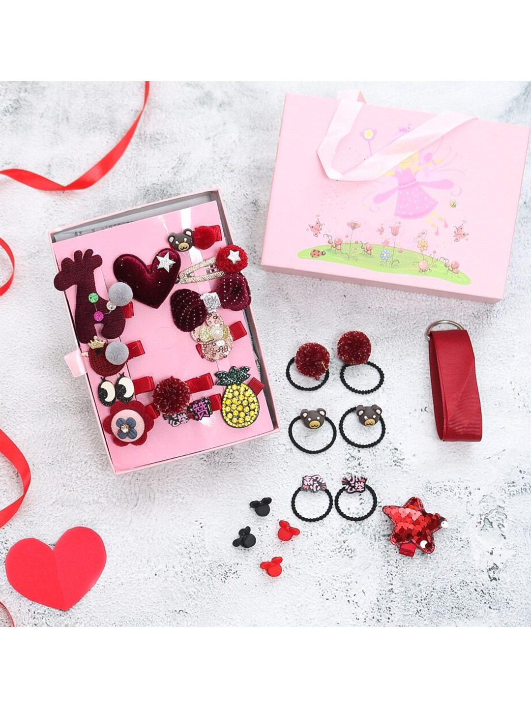 Yellow Bee Girls Red & Black Set of 17 Clips With 6 Rubber Band & 1 Belt