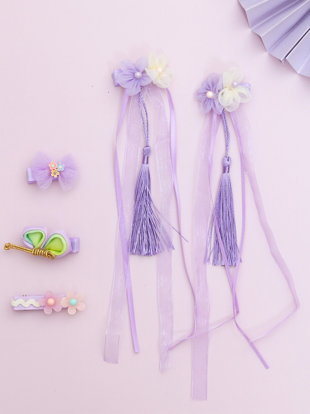 Yellow Bee Girls Violet & Green Set of 5 Fur Hair Accessory Set