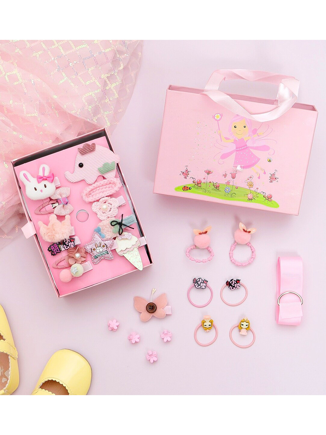 Yellow Bee Girls Peach-Coloured Set of 17 Clips With 6 Rubber Band & 1 Belt With One Box