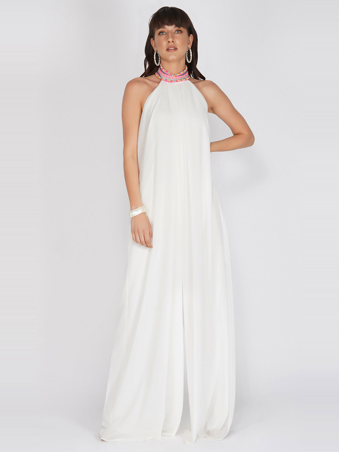 KOVET Women's White Halter Neck Basic Jumpsuit with Embellished