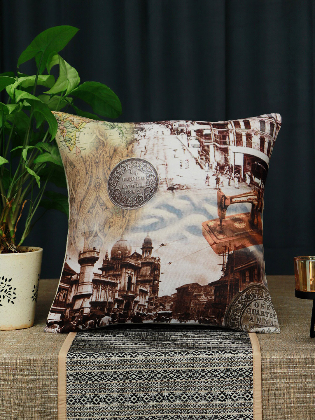ZEBA Poly Canvas Digital print Polyester Anti-Wrinkle Textured Cushion Cover-16x16In