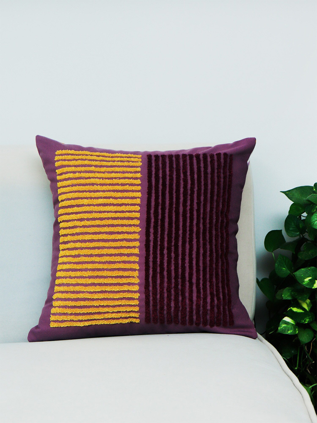 ZEBA Purple & Yellow Striped Embroidered Square Cushion Covers