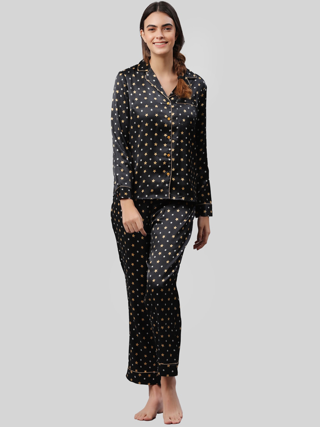 Fuchsia  Women Black & Yellow Star Printed Satin Night suit