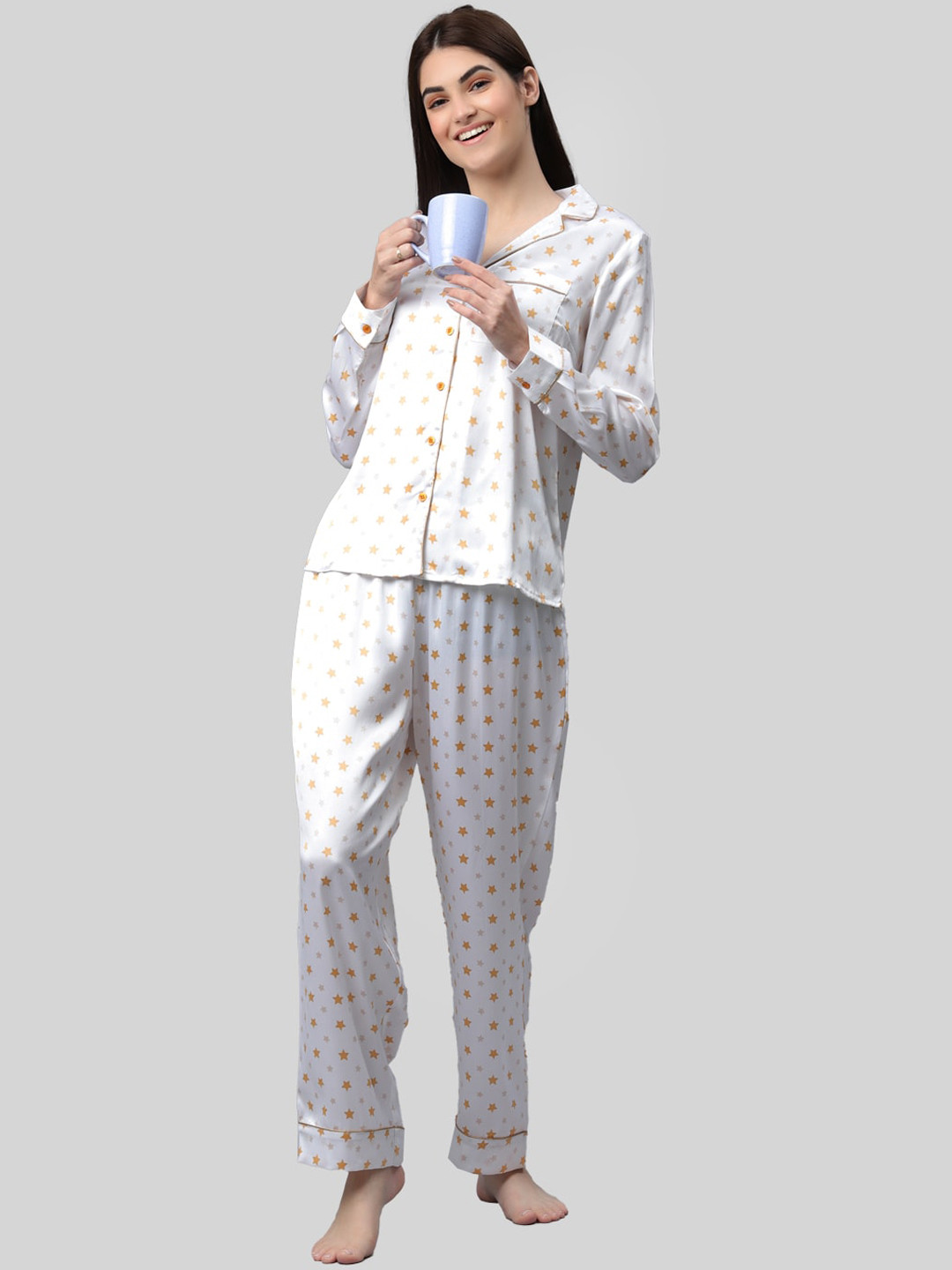 Fuchsia  Women White & Yellow Stars Printed Night suit