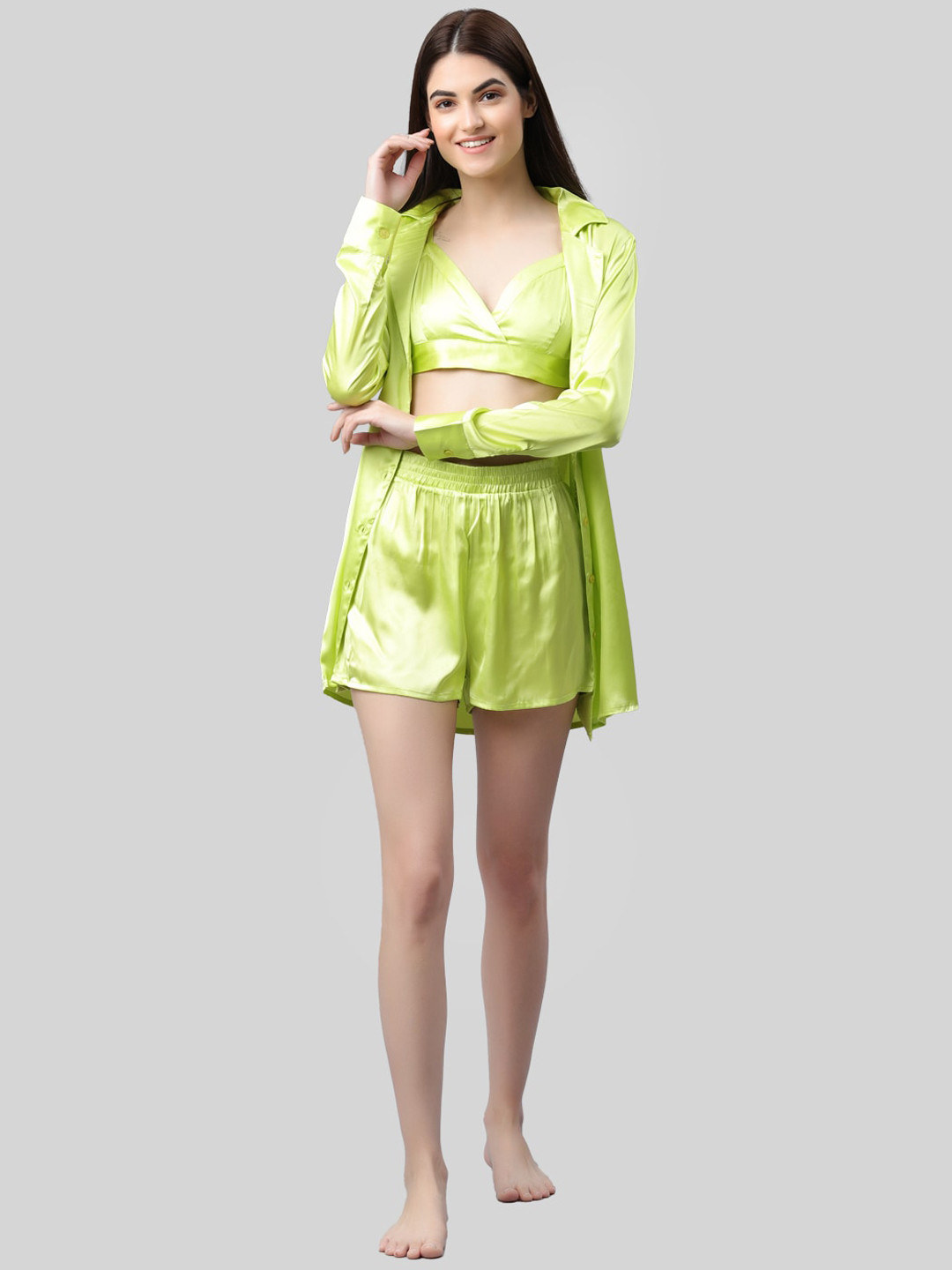 Fuchsia  Women Lime Green  3 Piece Night Suit Set PLTPJST029LIME_XS-Lime