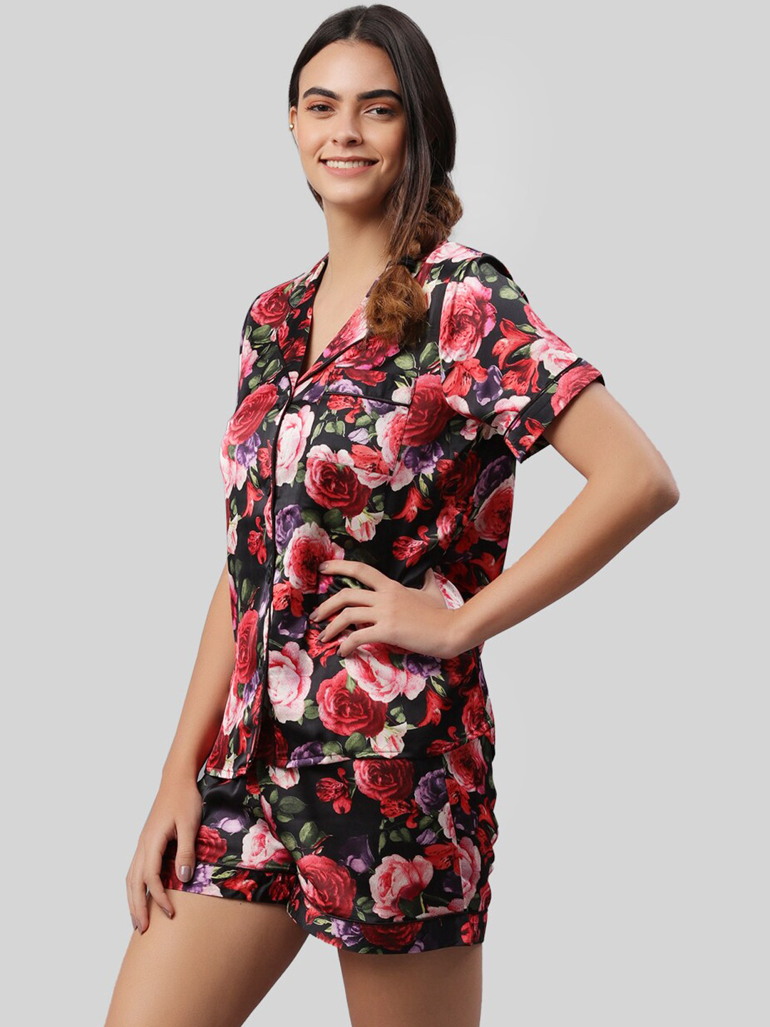 Fuchsia  Women Maroon Floral Printed Night suit
