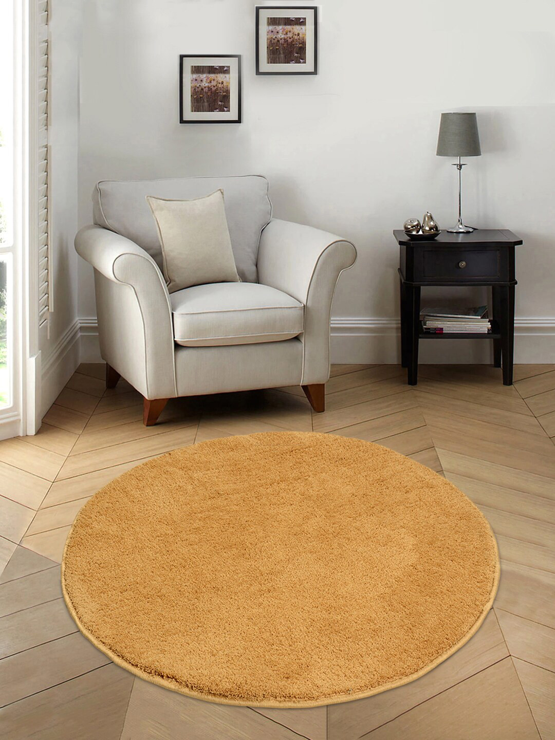 Saral Home Golden Solid Cotton Shaggy Yarn Anti-Skid Round Floor Mat