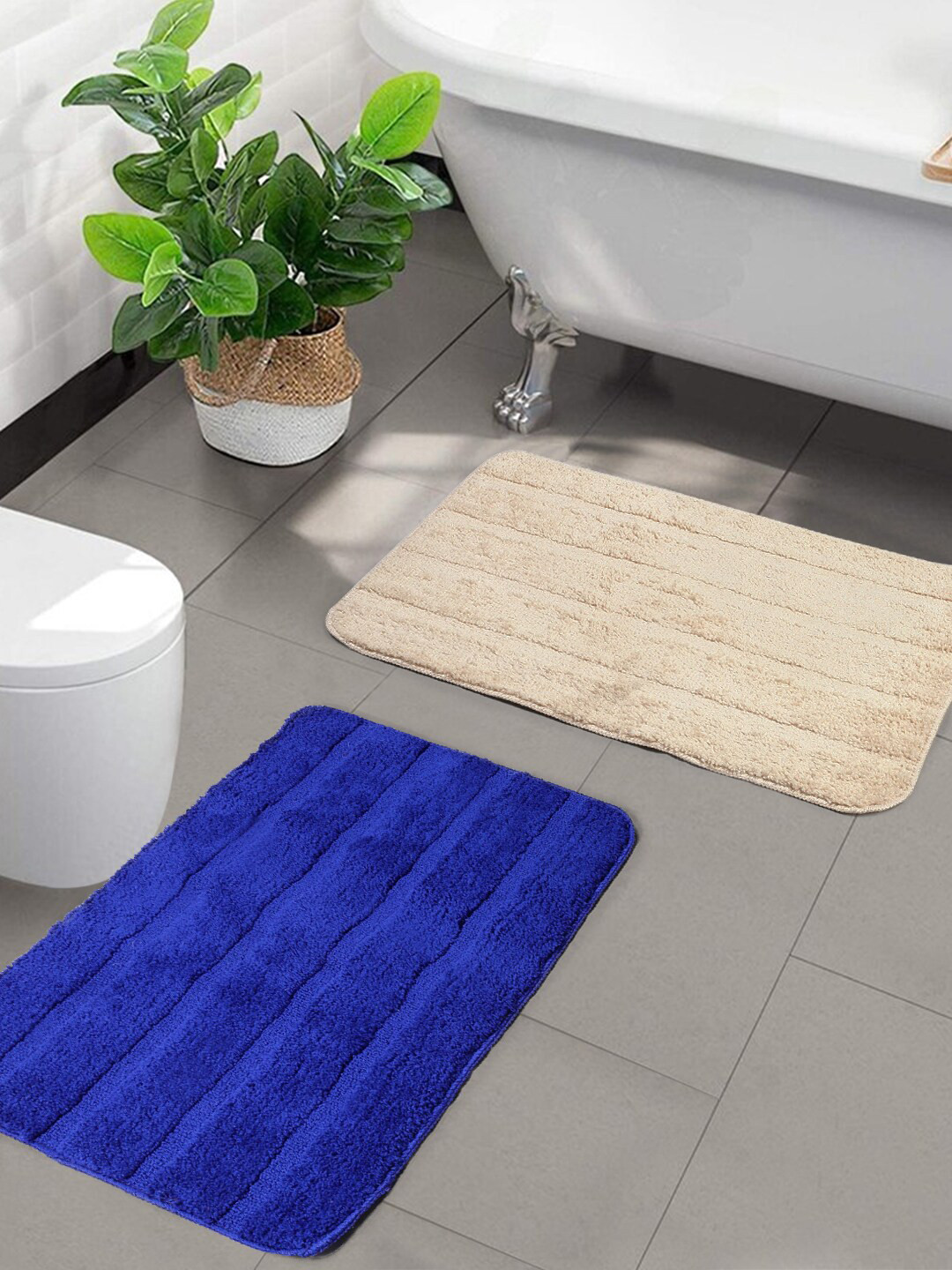 Saral Home Set Of 2 Blue & Grey Self-Design Super Soft Anti-Skid Bath Rugs