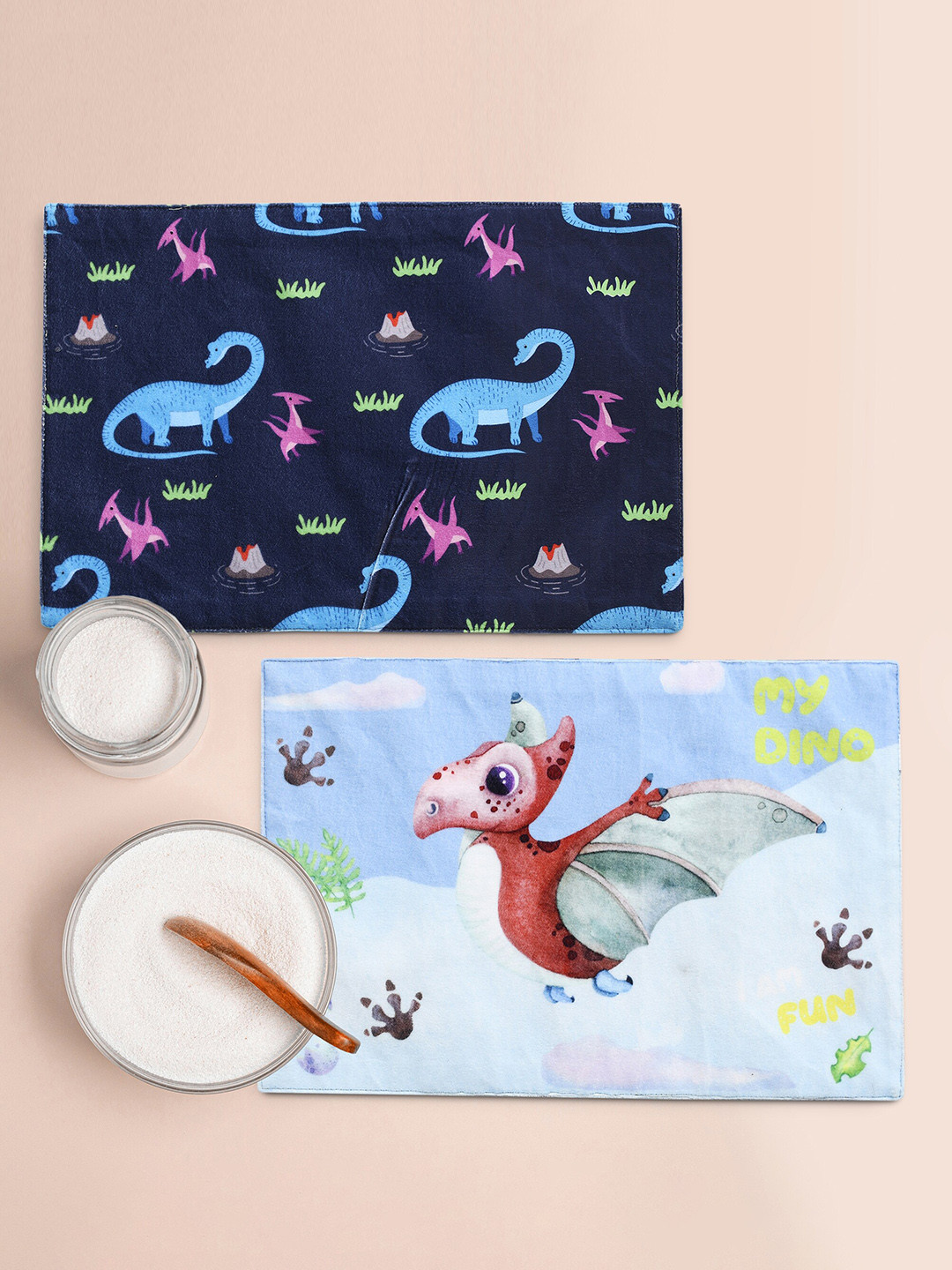 Saral Home Blue Set of 2 Dinosaur Printed Velvet Table Placemats