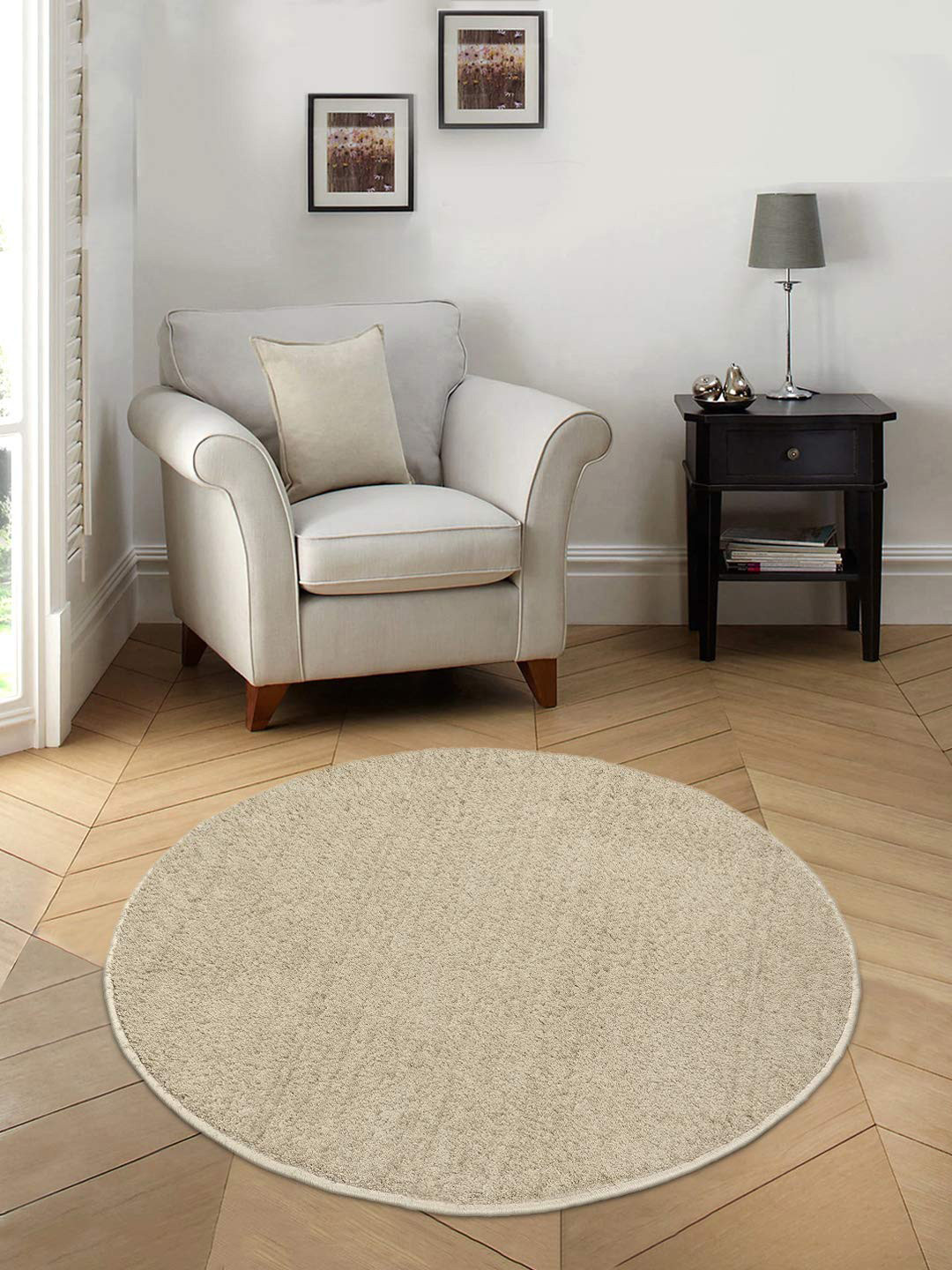 Saral Home Beige Solid Cotton Anti-Skid Shaggy Round Floor Mats