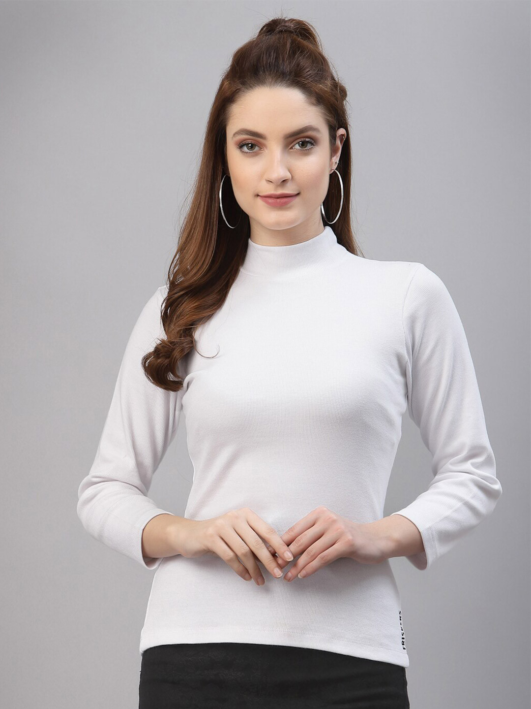 Friskers White Organic Cotton Turtle Neck Knitted Ribbed Top