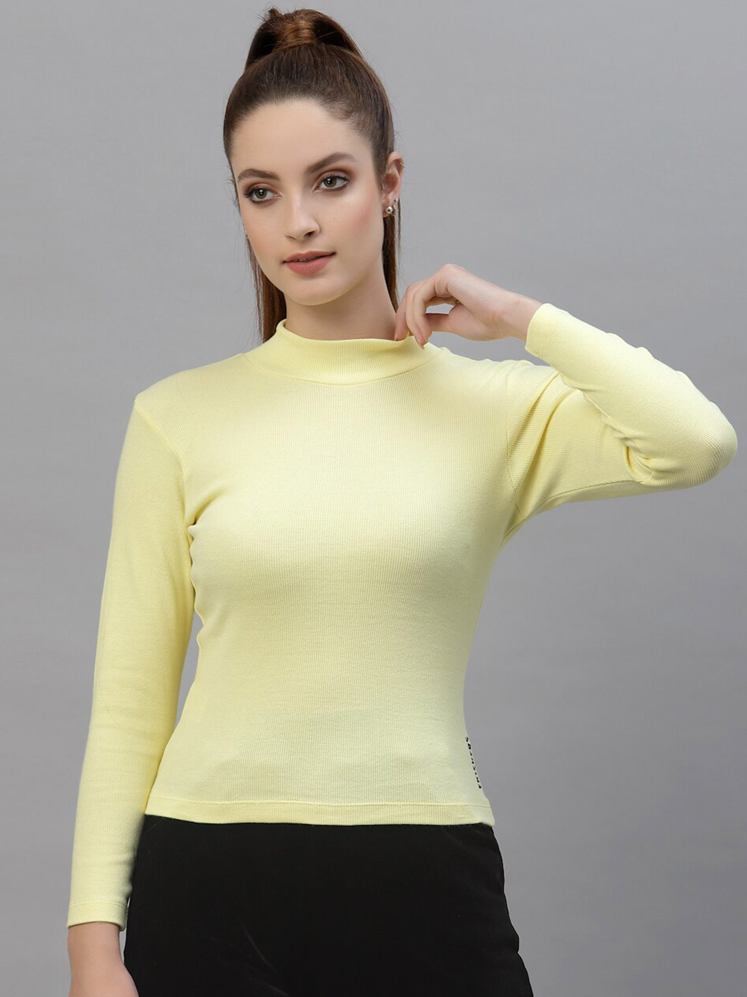 Friskers Yellow Cotton Rib Turtle Neck long sleeve Crop Top