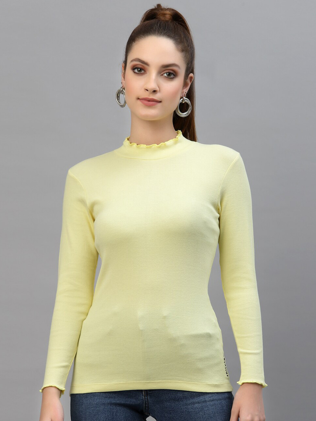 Friskers Yellow Cotton Rib Turtle Neck Medium Top