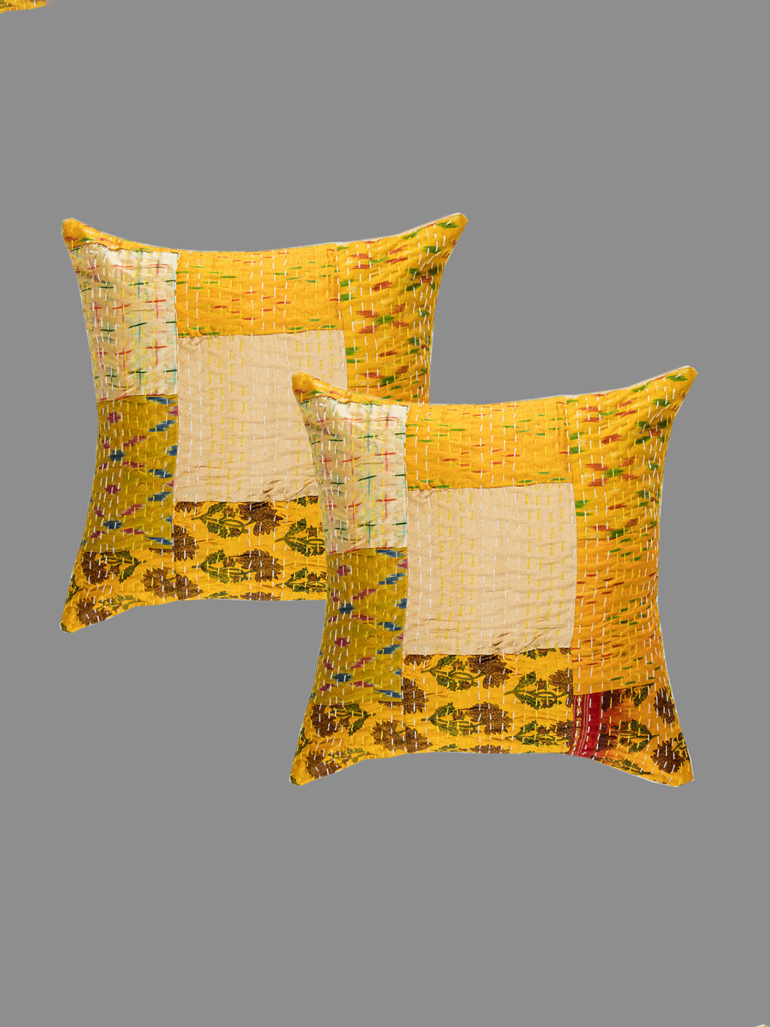 HANDICRAFT PALACE Hand Kantha Patchwork Silk Durable 5 Pcs Cushion Covers-16x16In