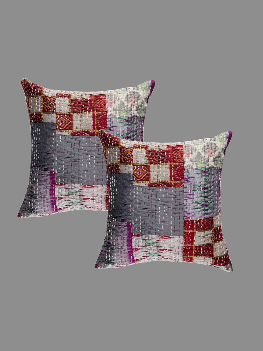 HANDICRAFT PALACE Grey & Red Set of 2 Embroidered Square Cushion Covers