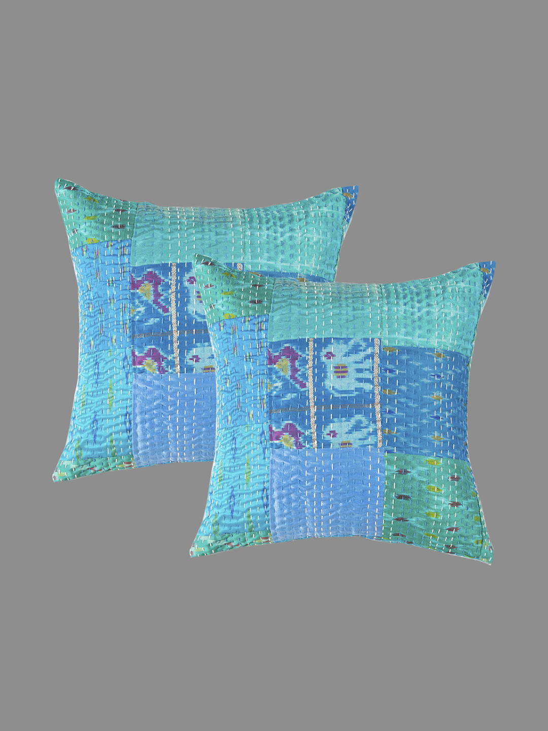HANDICRAFT PALACE Turquoise Blue Set of 2 Silk Patchwork Cushion Covers