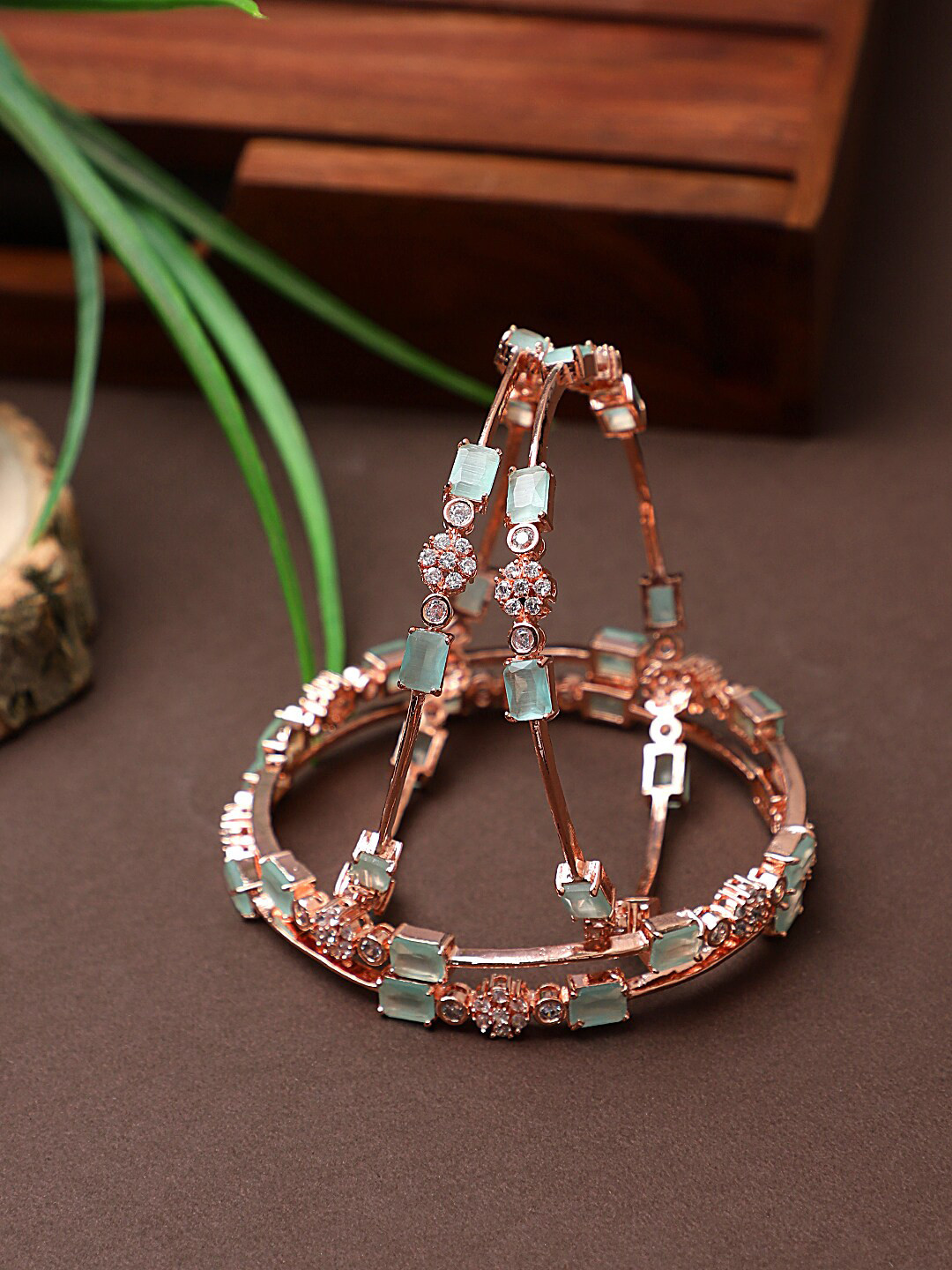 CARDINAL Set Of 4 Rose Gold-Toned & Green AD-Studded Bangles