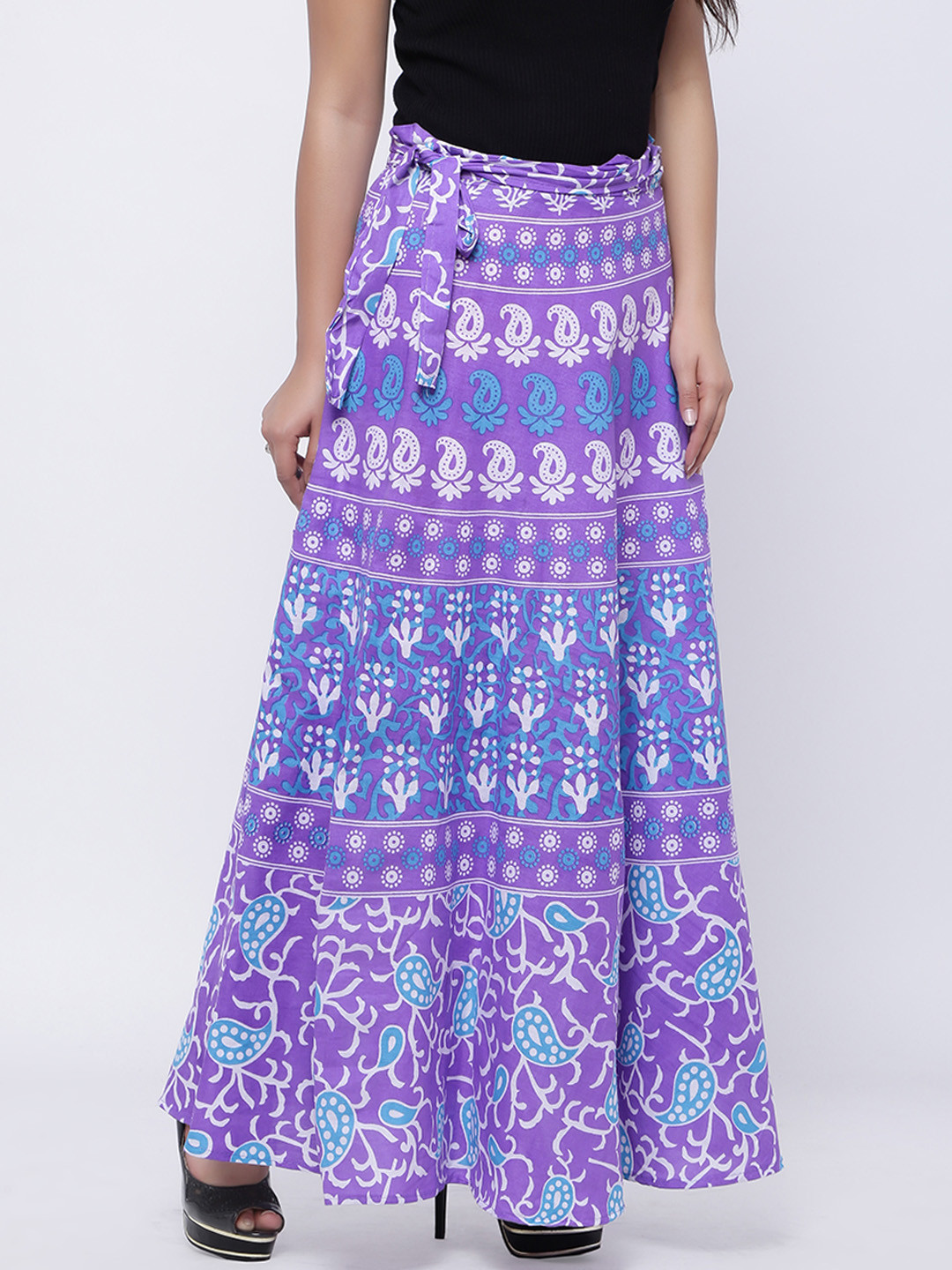 SOUNDARYA Purple & Blue Ethnic Print Wrap-Around Maxi Pure Cotton Skirt