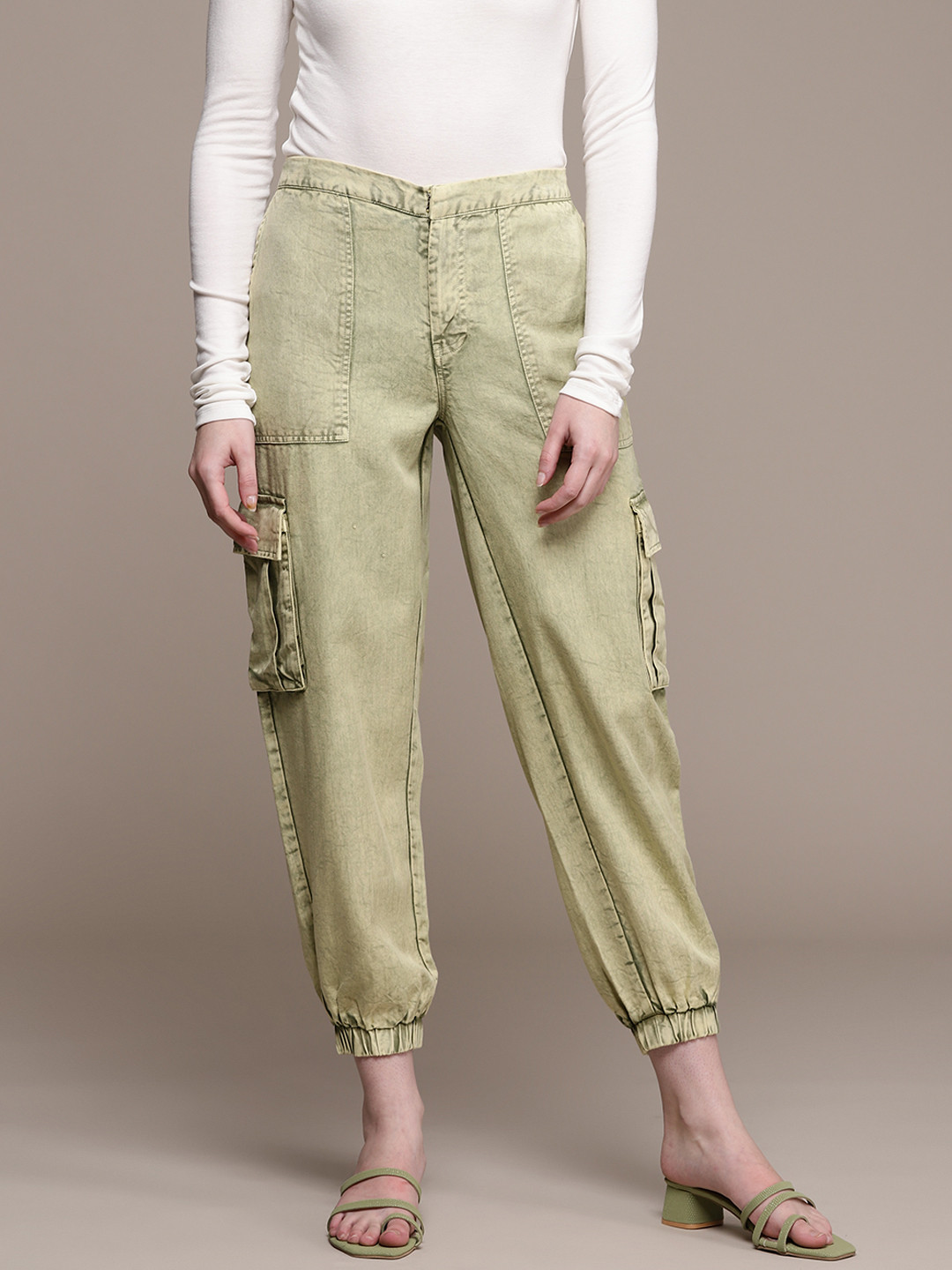 Label Ritu Kumar Women Green Solid Joggers Trousers